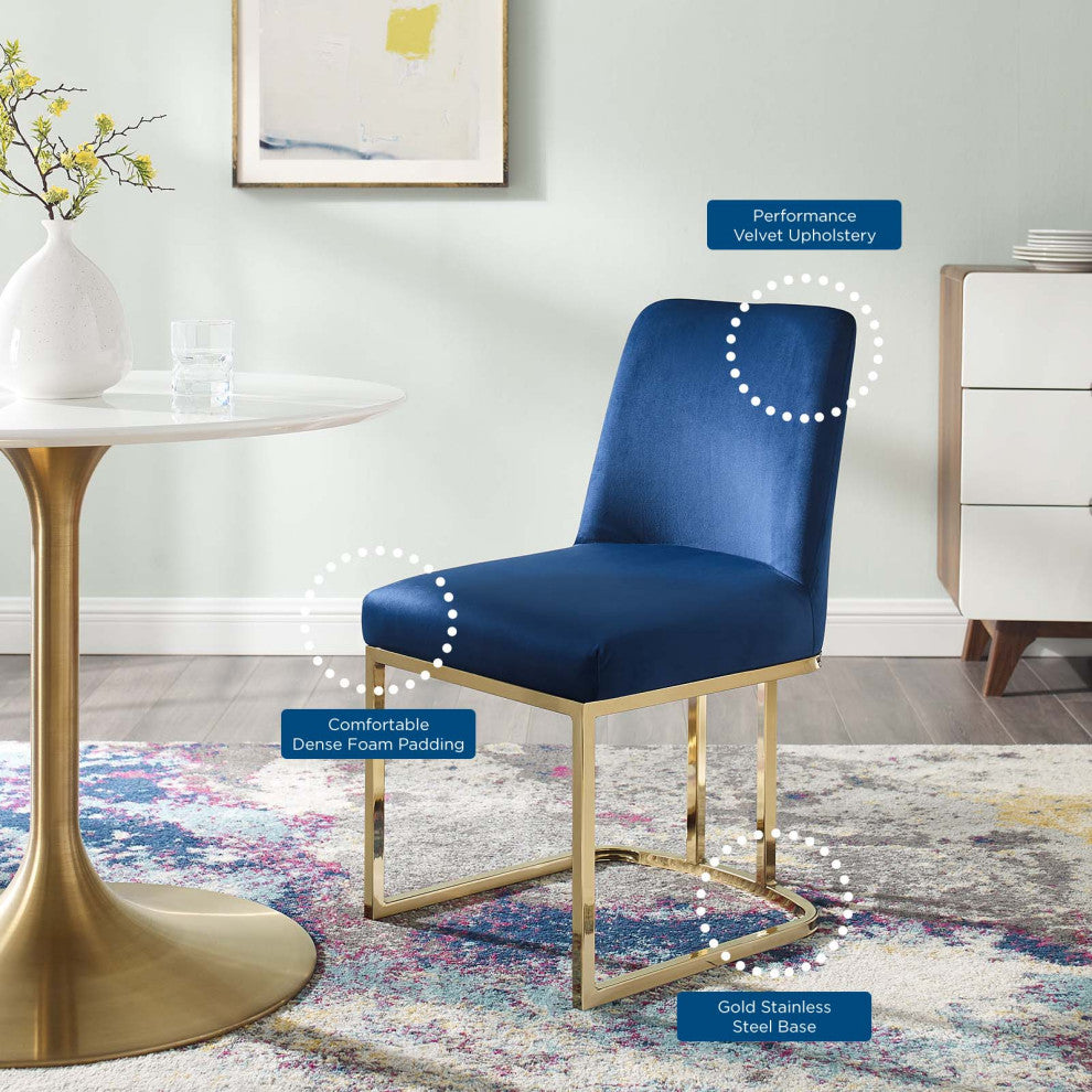 Side Dining Chair, Velvet, Metal, Gold Blue Navy, Modern, Cafe Bistro Restaurant
