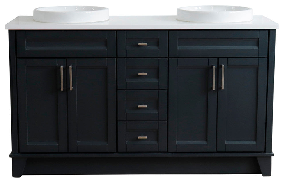 61" Double Sink Vanity, Dark Gray Finish And Engineered Stone Top And Round Sink
