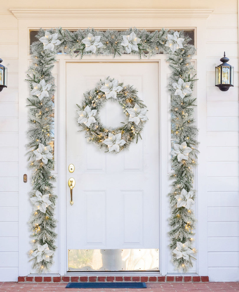 24"D Pre-Lit Snow Flocked Christmas Wreath and Matched 2-Pack 9' Garland Set