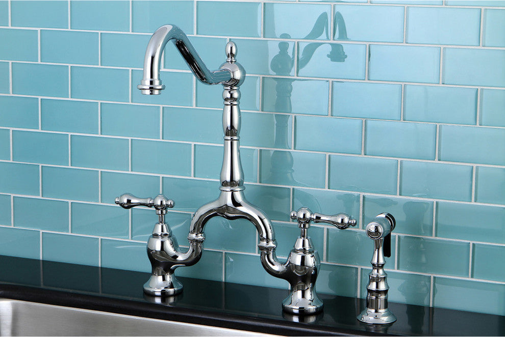 Kingston Brass Bridge Kitchen Faucet With Brass Sprayer, Polished Chrome