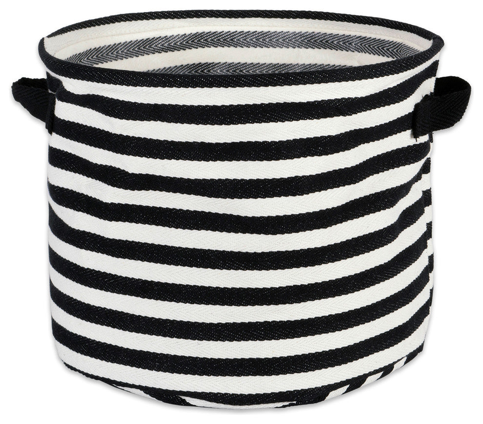 Pe Coated Herringbone Woven Cotton Laundry Bin Stripe Black Round Set/2