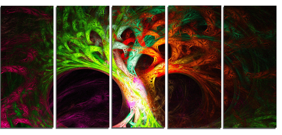 Magical Green Psychedelic Tree, Abstract Art on Canvas, 60"x28", 5 Panels