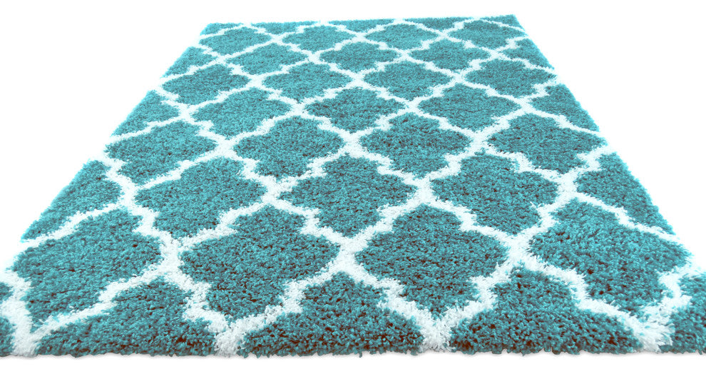 Dubach Morrocan Trellis Shag Rug - Turquoise and White - 3' X 5'