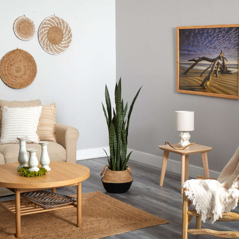 P1761 46 Sansevieria Artificial Plant in Boho Chic Handmade White Woven Planter