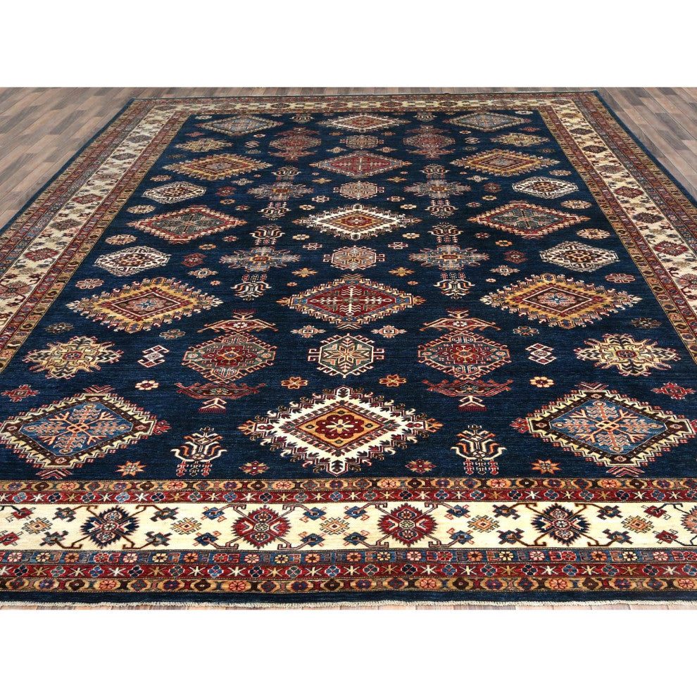 Blue, Afghan Super Kazak, Wool, Hand Knotted, Rectangle Rug, 12'x15'9"