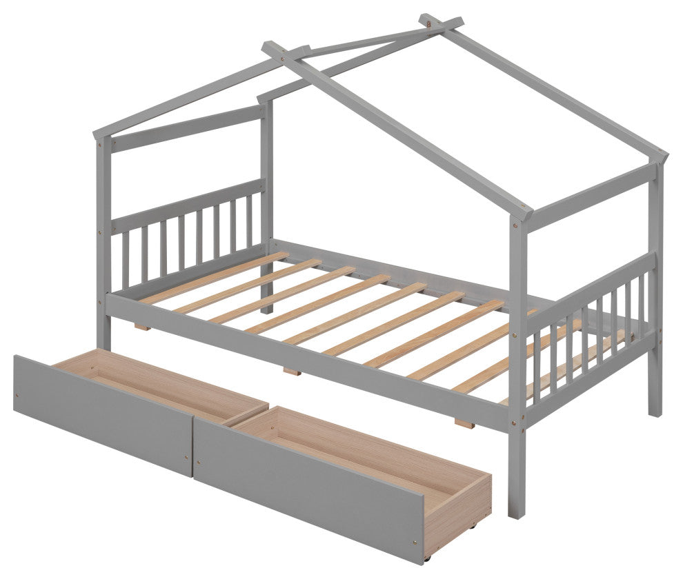 Gewnee Twin Size Wooden House Bed with Drawers, Gray