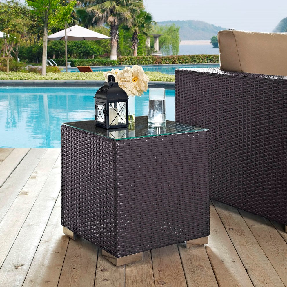 Modern Contemporary Urban Outdoor Patio Balcony Sofa Side Table, Brown, Rattan