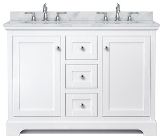 48" Double Vanity in White, White Carrara Marble Countertop, UM Oval Sinks