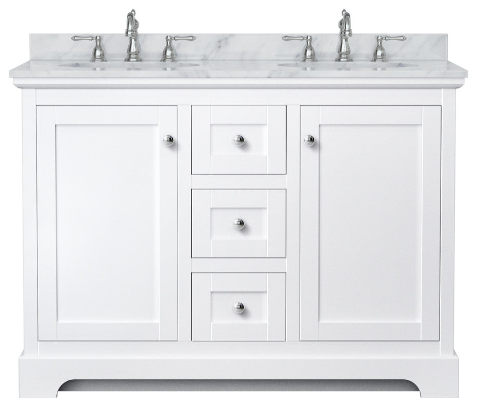 48" Double Vanity in White, White Carrara Marble Countertop, UM Oval Sinks