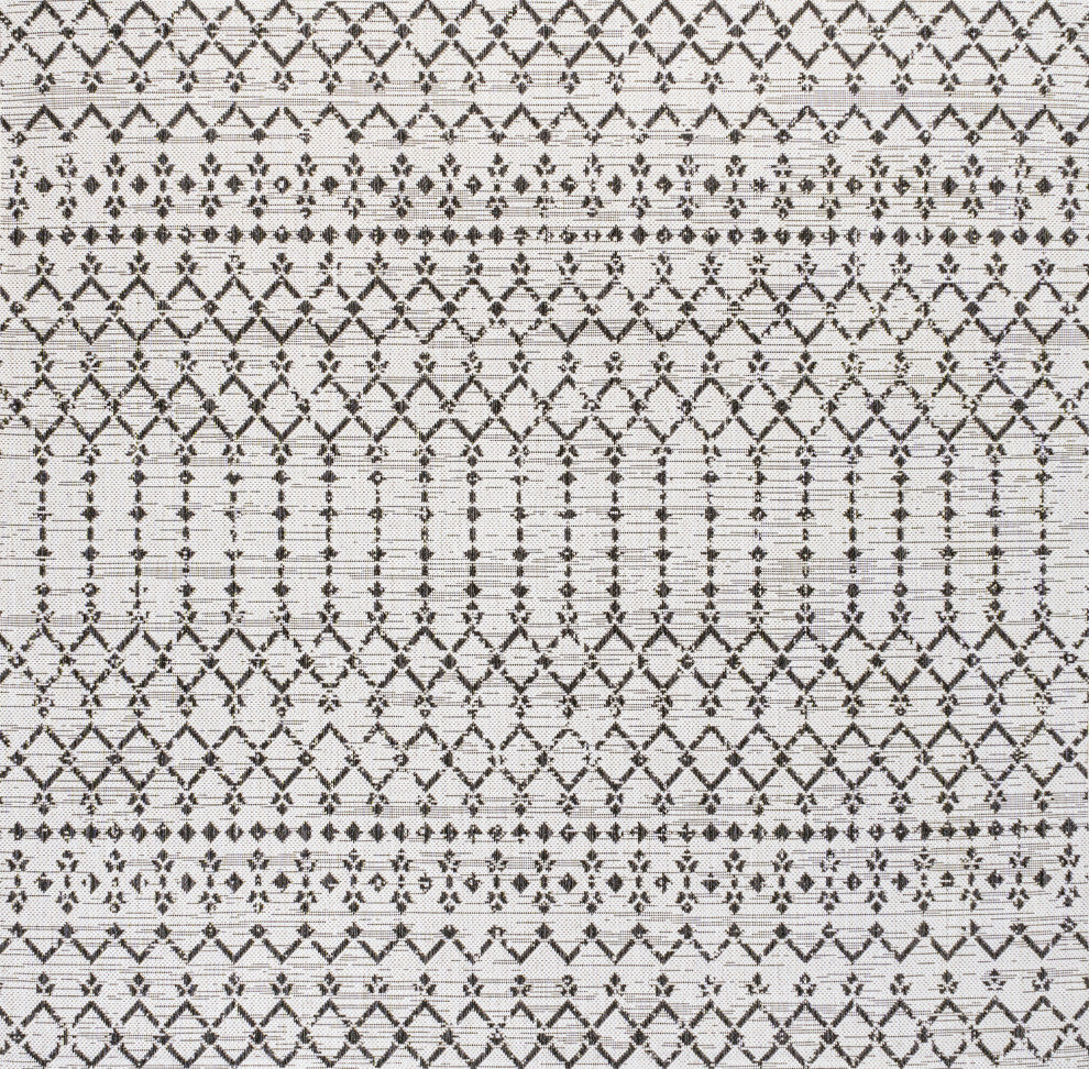 Ourika Moroccan Geometric Indoor/Outdoor Rug, Cream/Black, 5' Square