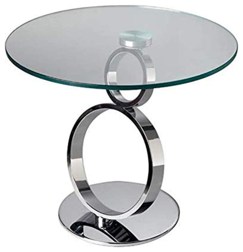 Modern Clear Glass End Table With Chrome Pedestal Base and Circle Rings Design