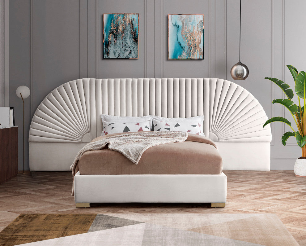 Cleo Velvet Upholstered Bed With Custom Gold Steel Legs, Cream, King