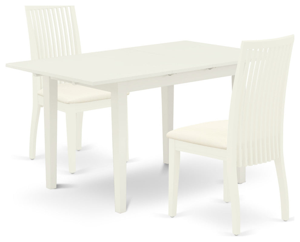 3Pc Dining Set 2 Chair, Butterfly Leaf Kitchen Dining Table, Linen White