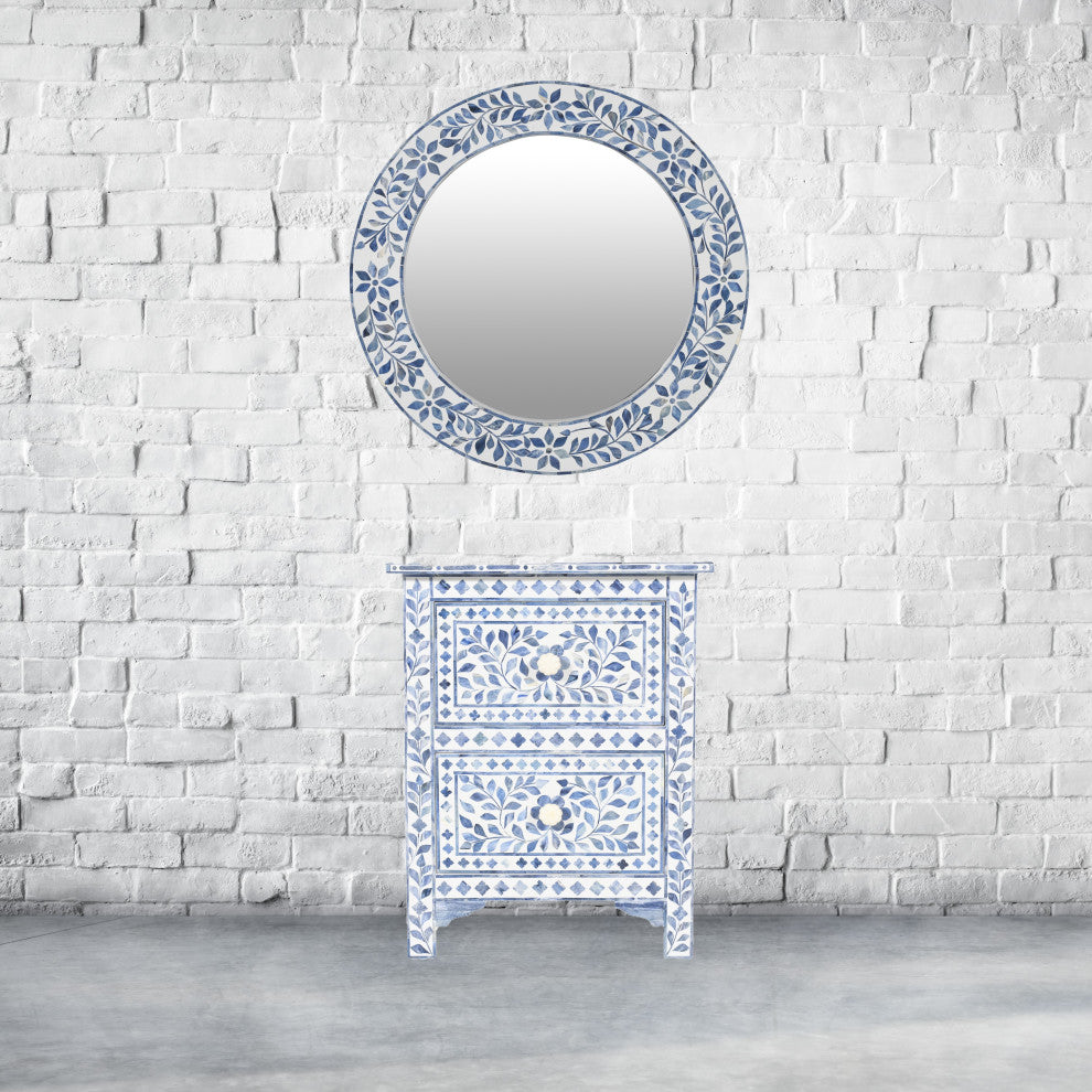 Blue Leaf Bone Inlay Round Mirror, 26"