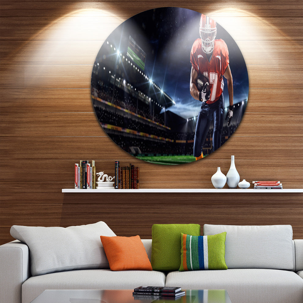 American Footballer In Action On Stadium, Sports Disc Metal Art, 36"