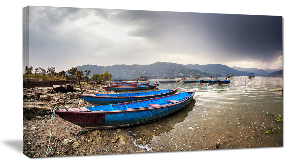 Blue Boats in Pokhara Lake, Boat Canvas Art Print, 32"x16"