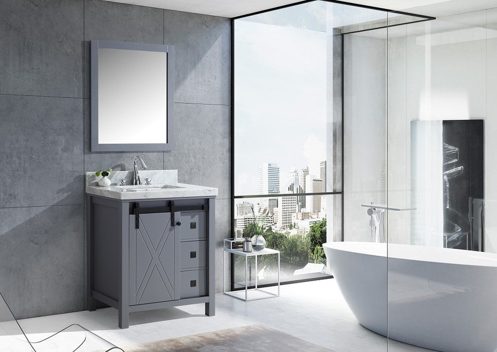 Marsyas Veluti 30" Dark Gray Single Vanity Carrara Marble Top Sink, 28" Mirror