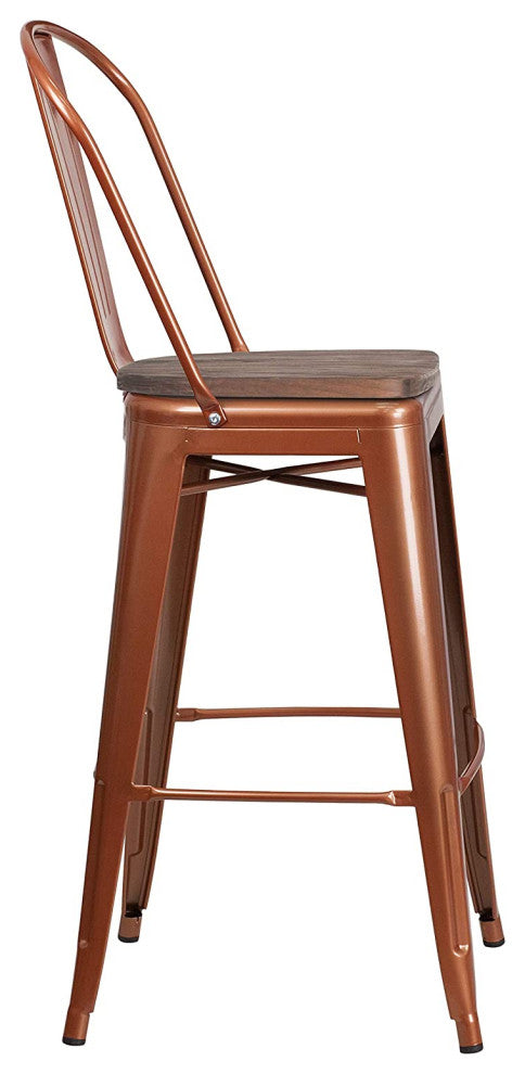 Set of 4 Bar Stool, Metal Frame With Curved Back & Walnut Elm Wood Seat, Copper