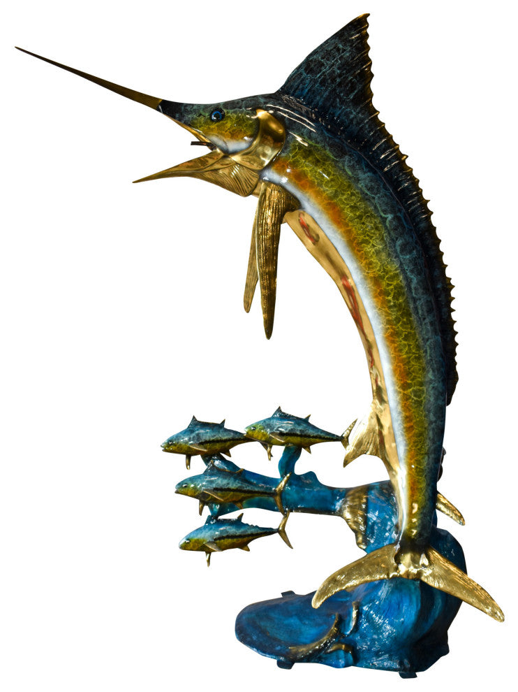 Giant Colored Marlin Fish W 4 Jack Fish Bronze Statue Fountain 85" x 30" x 90"