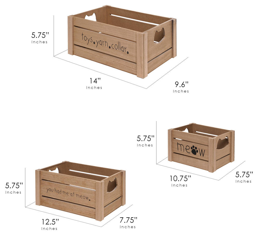 Addie Joy Cat-Themed Wood Storage Crate Organizer Set of 3 - Brown