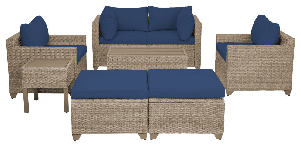 Maui 8-Piece Outdoor Conversation Set, Two Ottomans, Coffee Table, Cobalt