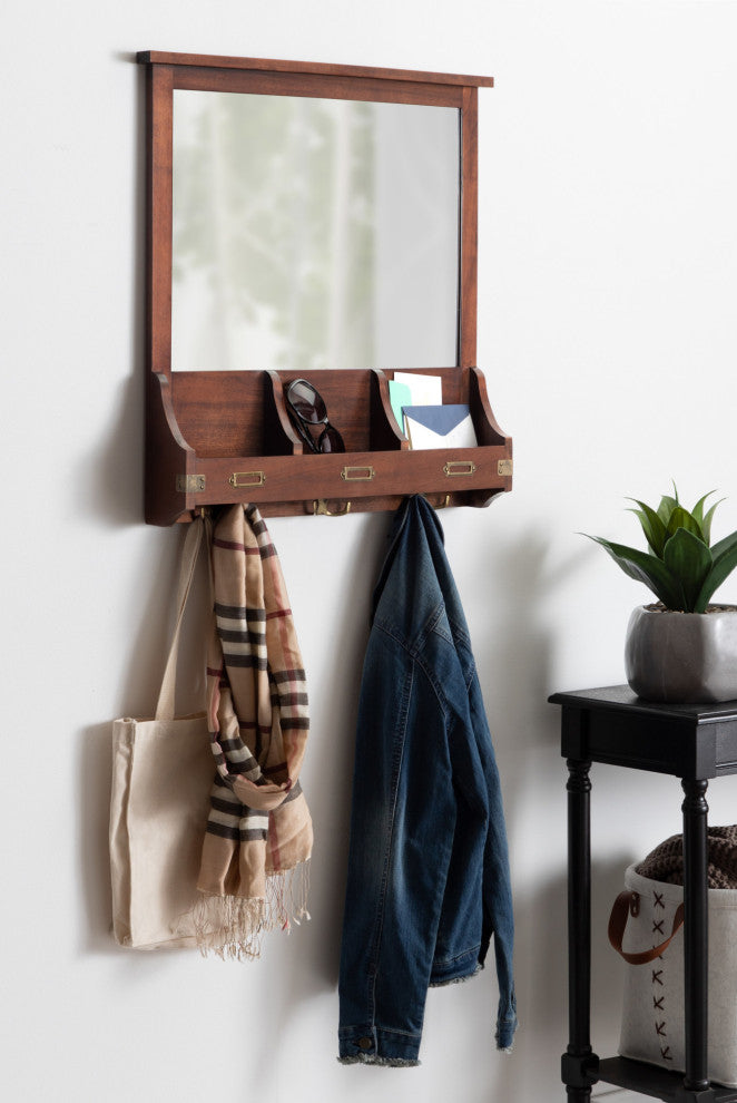Stallard Wood Wall Mirror with Hooks, Walnut Brown 24x24