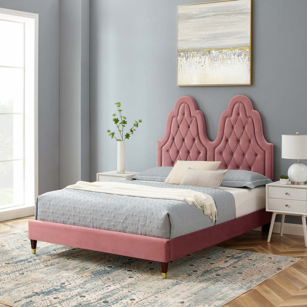 Tufted Platform Bed Frame, Twin Size, Velvet, Pink, Modern Contemporary, Bedroom