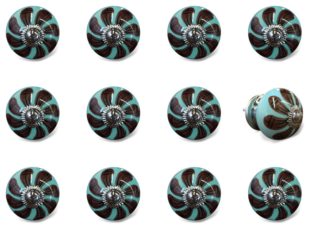 Knob-It Vintage Handpainted Ceramic Knobs, Set of 12, Teal/Brown/Black
