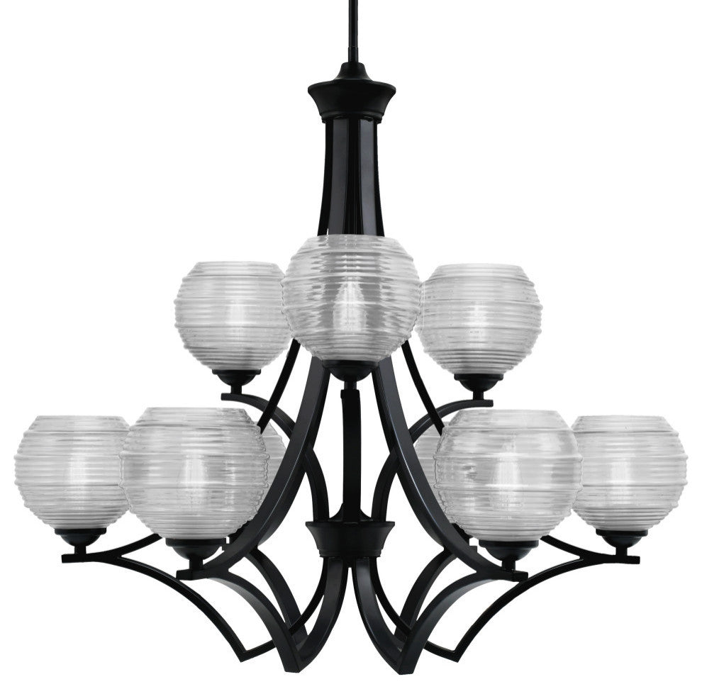 Zilo, 9 Light, ChandelierIn Matte Black Finish With 6" Clear Ribbed Glass
