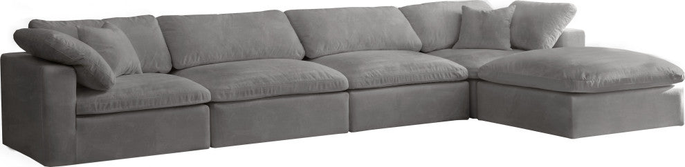 Cozy Velvet Upholstered Comfort L-Shaped Modular Sectional, Gray, 5-Piece: 2 Armless Chair, 2 Corner Chair, 1 Ottoman