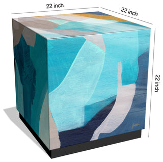 "Puzzle Blues" Reverse Printed Glass Side Table with Black Plinth Base Set of 2