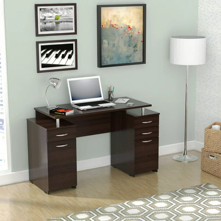 Modern Desk, Double Pedestal Design With Drawers & Floating Worktop, Chocolate