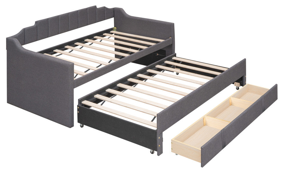 Gewnee Twin Size Upholstered Daybed with Trundle and Three Drawers in Grey