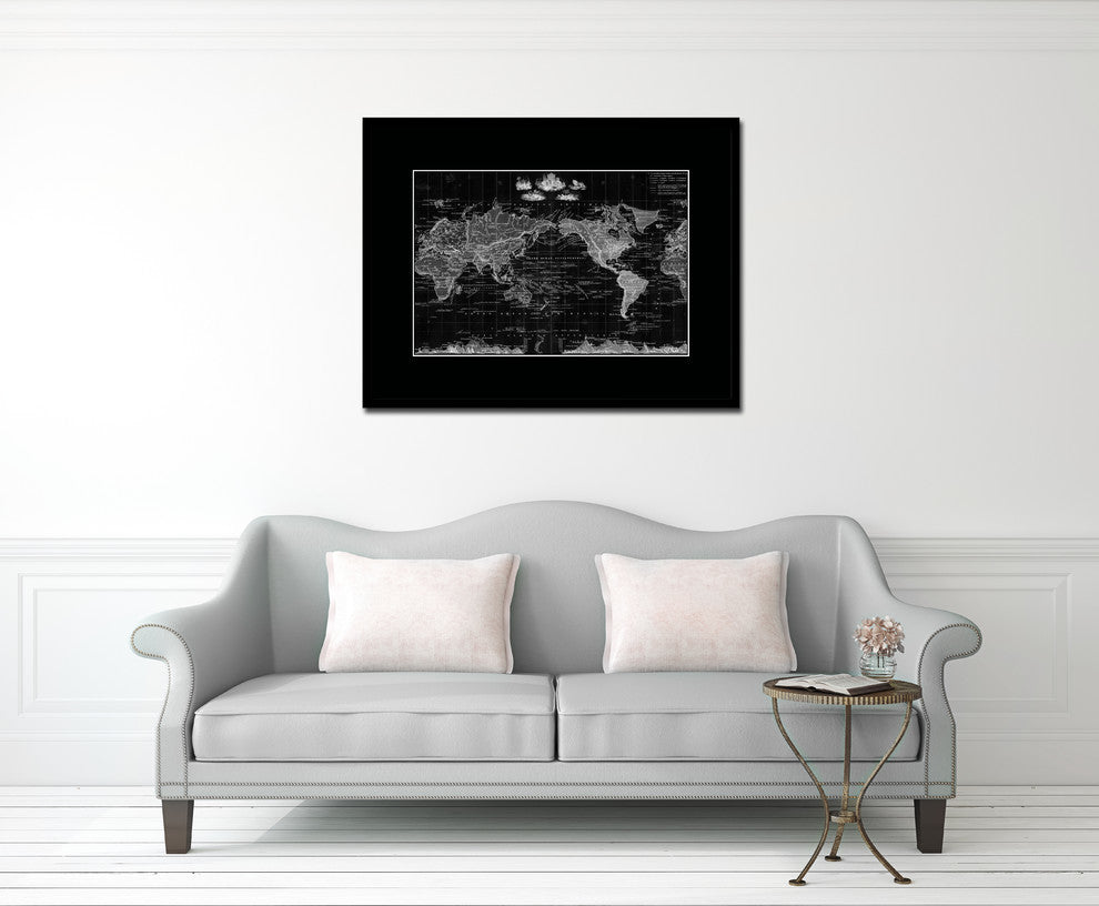 World Vintage Monochrome Map Print On Canvas With Black Custom Frame, 16" X 21"