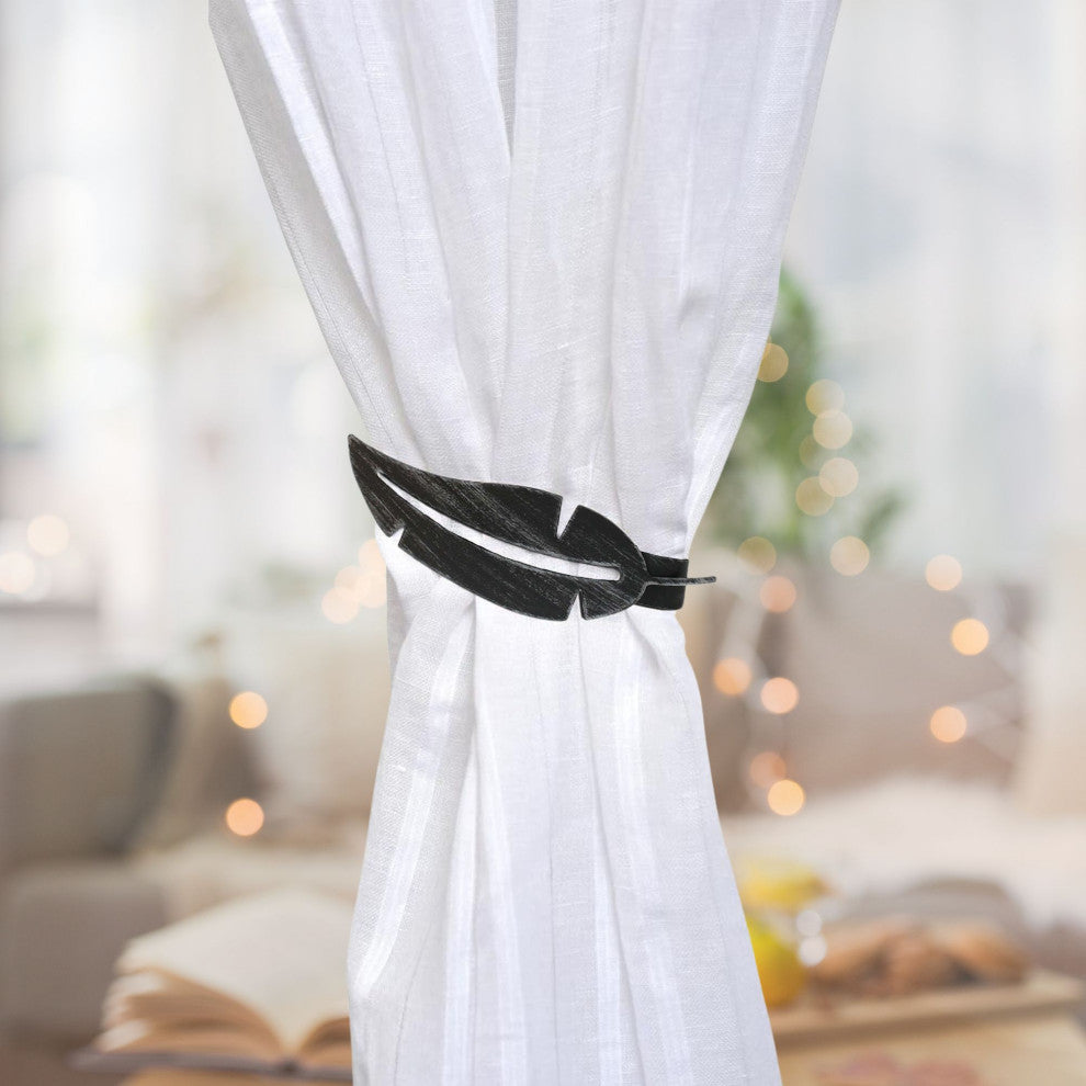 Metal Feather Curtain Tiebacks with Magnetic Closure "“ No Installation Needed, Black, Pack of 1