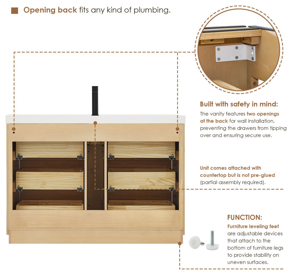Sigrid Bathroom Vanity, White Oak, 48", No Mirror