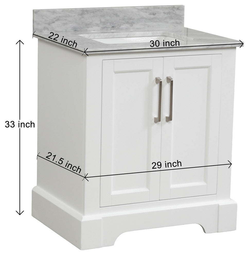 30" W x 22" D x 33" H Bath Vanity, White With Carrara White Marble