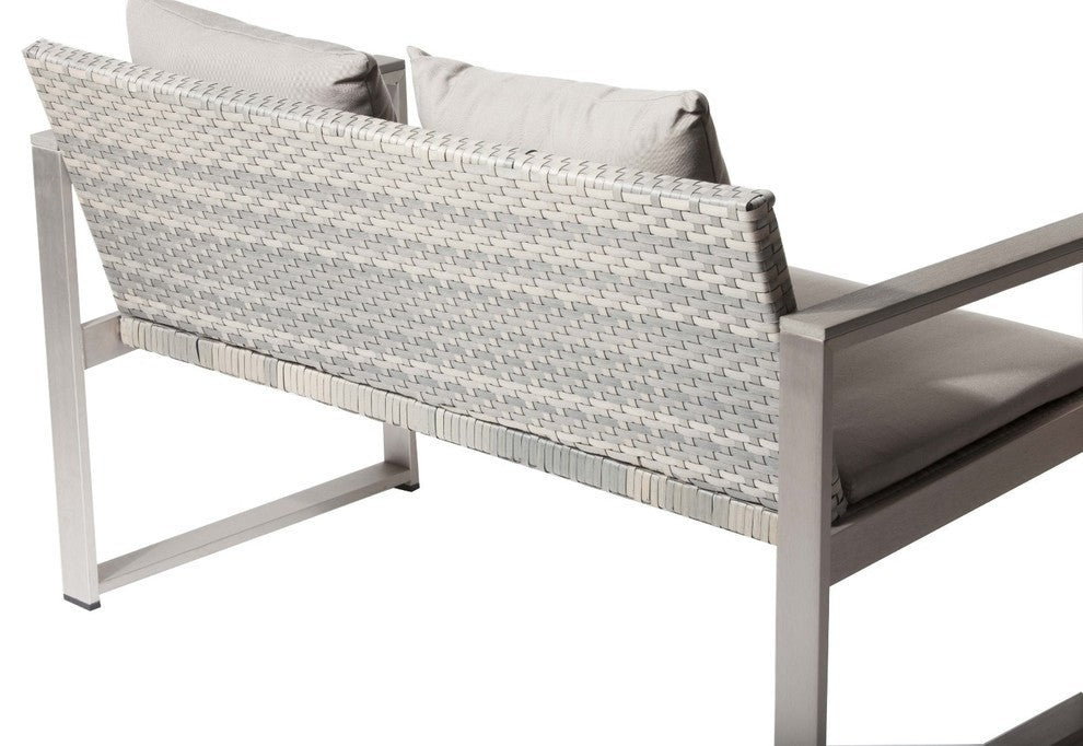 Benzara BM172110 Aluminum Upholstered Cushioned Sofa with Rattan, Gray & Taupe