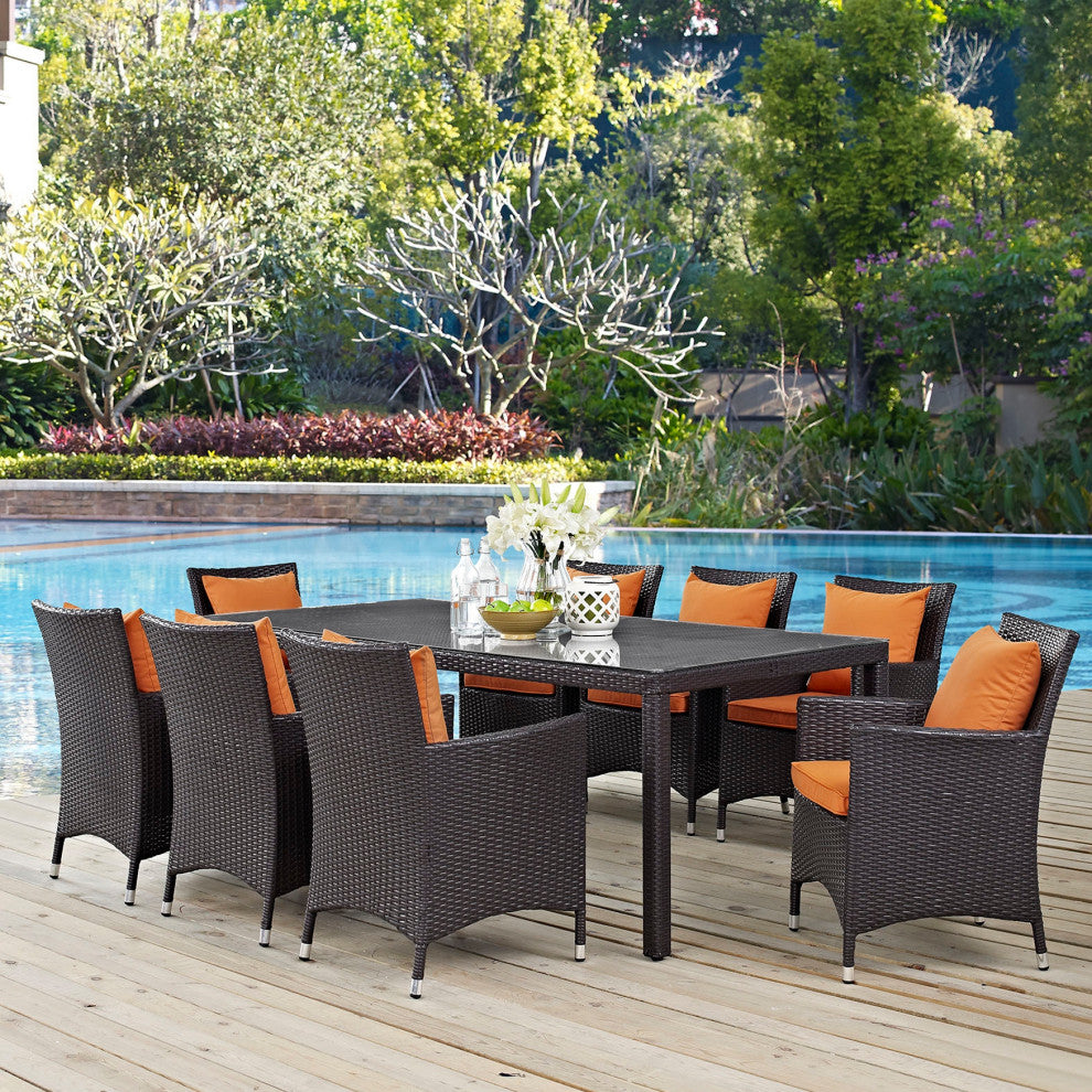 9 Piece Outdoor Dining Set, Faux Wicker Rattan, Orange