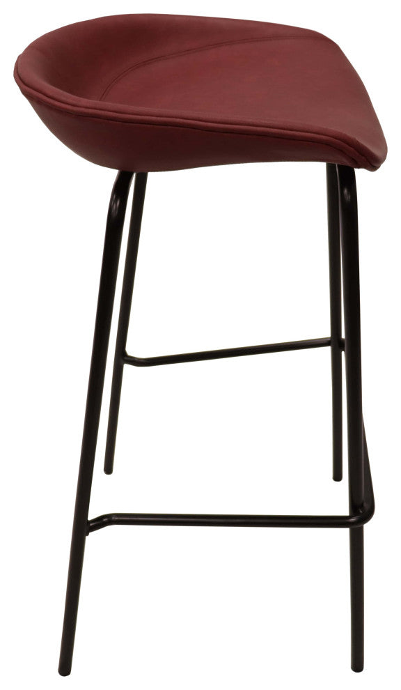 LeisureMod Servos Barstool With Faux Leather Seat and Iron Frame Set of 2, Bordeaux