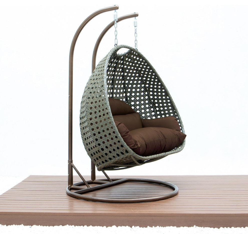 2 Person Beige Wicker Double Hanging Egg Swing Chair, Brown