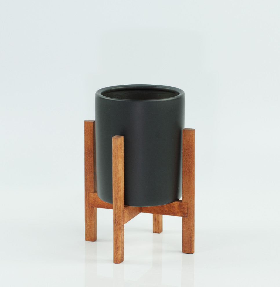 Small Ceramic Pot Cylinder Pot 6"Black With Wood Plant Stand Walnut Color