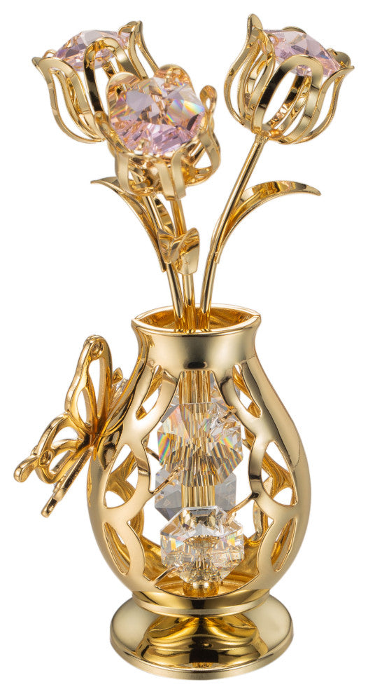 Matashi 24K Gold Plated Flower Ornament in Vase w Crystals Decorative Butterfly