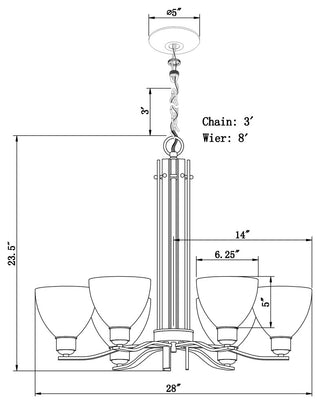 6 Light Chandelier, Antique Bronze, White Glass