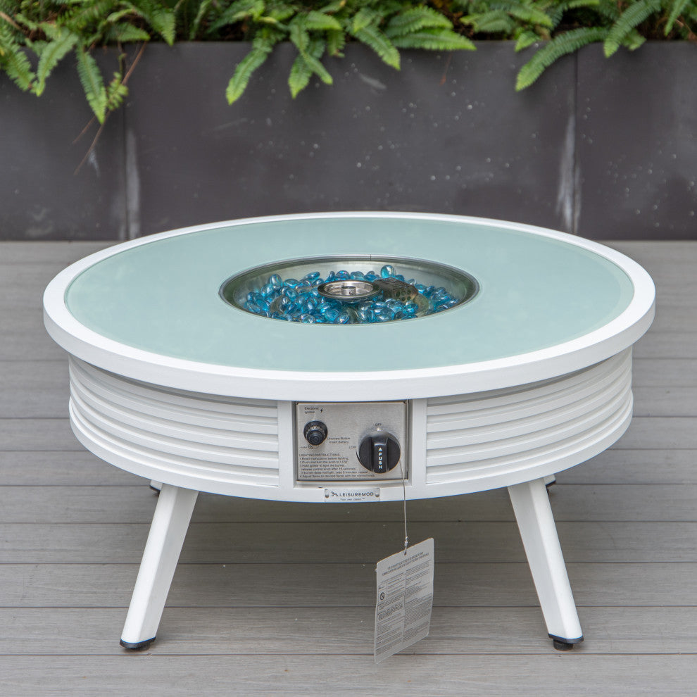 LeisureMod Walbrooke Patio Conversation Set With Fire Pit Table, Light Grey