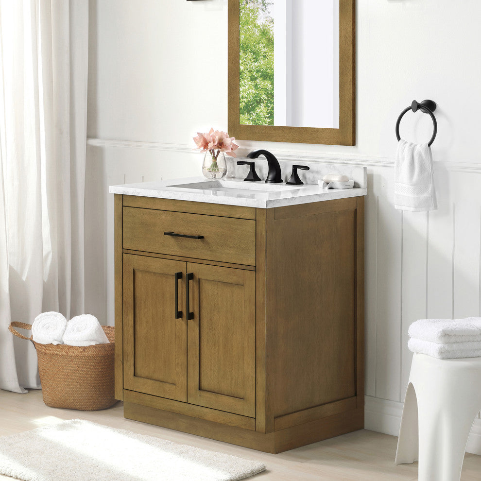 OVE Decors Athea 30" Vanity, Brushed Nickel, Extra Black Hardware, Almond Latte