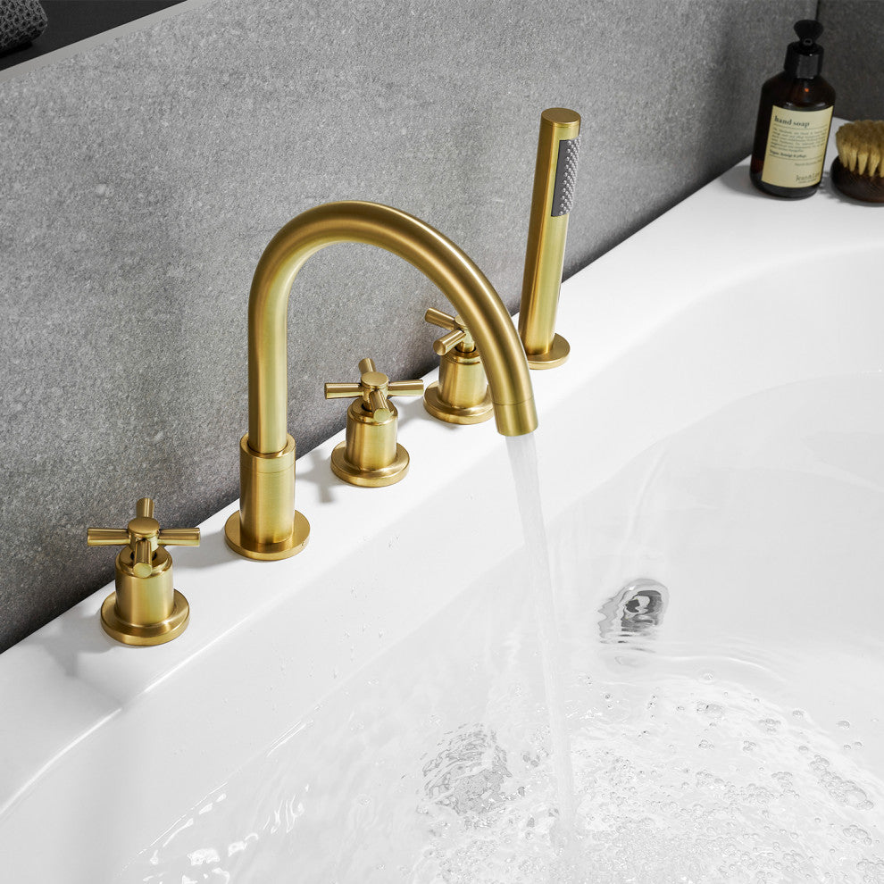 Sorlia Cross Handles Deck-Mount Roman Tub Faucet With Handshower, Brushed Gold