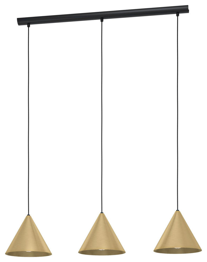 Narices, 3 Light Linear Pendant, Structured Black, Brushed Brass Metal Shades