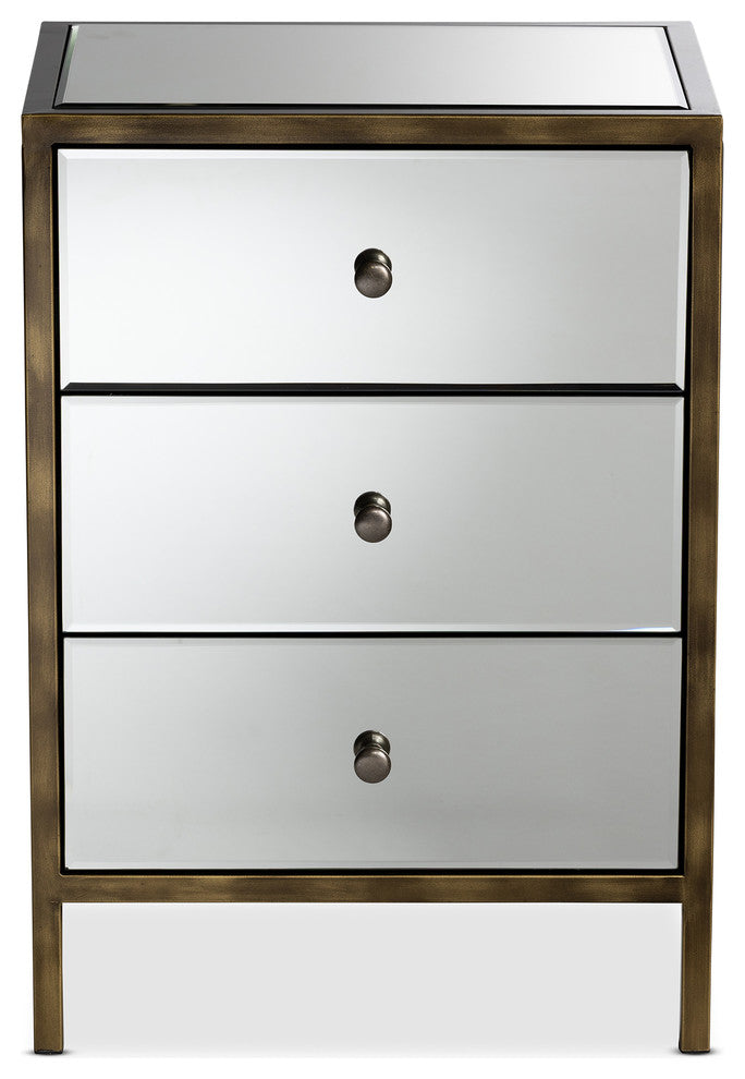 Matthew Hollywood Regency Glamour Mirrored 3-Drawer Nightstand Bedside Table