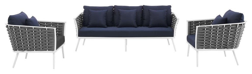 Stance 3 Piece Outdoor Patio Aluminum Sectional Sofa Set, White Navy